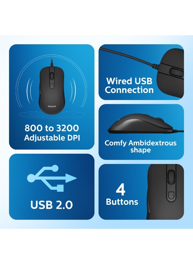 فيليبس ماوس بصري سلكي، دقة قابلة للتعديل حتى 3200 نقطة في البوصة، تصميم مريح مناسب للاستخدام باليدين، منفذ USB للتوصيل والتشغيل لأجهزة الكمبيوتر المحمولة/الشخصية/المكتبية - أسود - Image 2